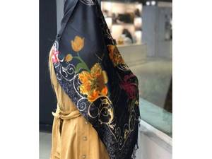 روسری  نخی مشکی طرح دار  بلند