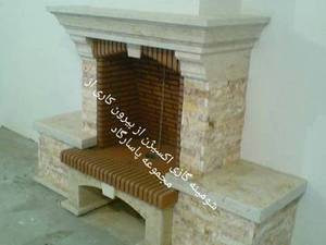 شومینه گازی سنگ بدنه آنتیک کله ستون و کتیبه دست‌ساز